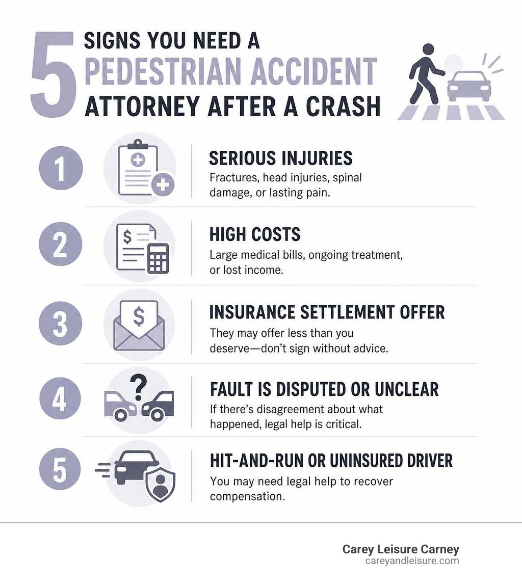 infographic showing 5 signs you need a pedestrian accident attorney after a crash infographic