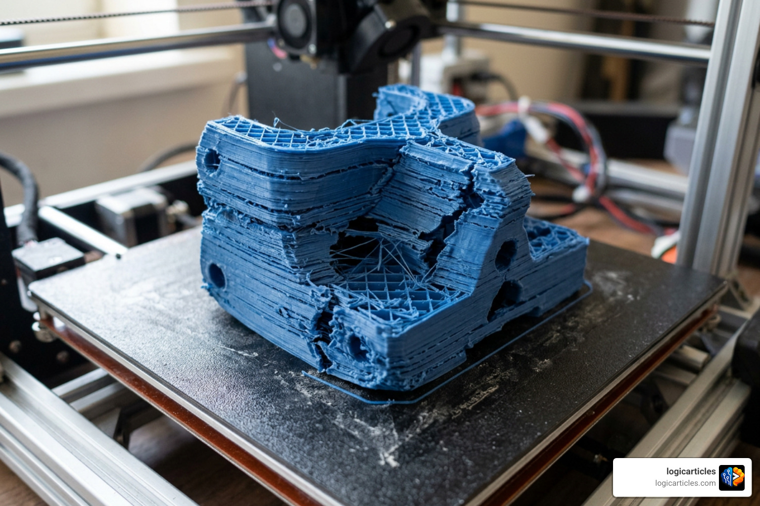 A failed 3D print showing split layers and non-manifold structural issues