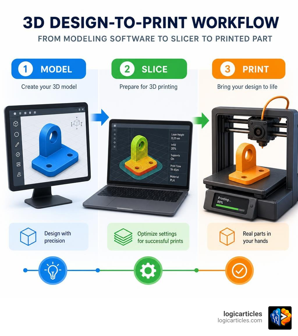 Comparison infographic: 3D design-to-print workflow from modeling software to slicer to printed part infographic