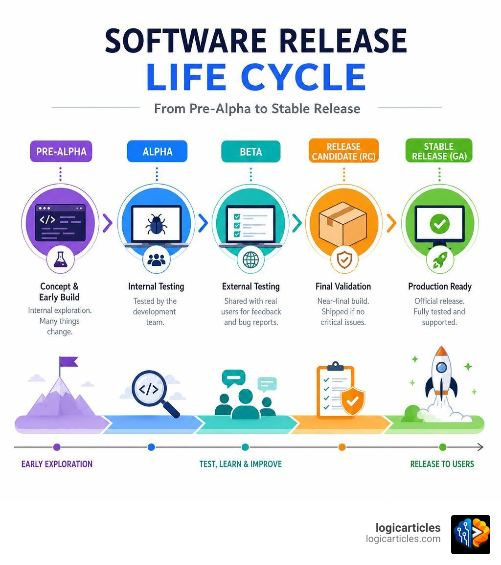 Software release life cycle stages from pre-alpha to stable release infographic infographic Software release life cycle stages from pre-alpha to stable release infographic infographic