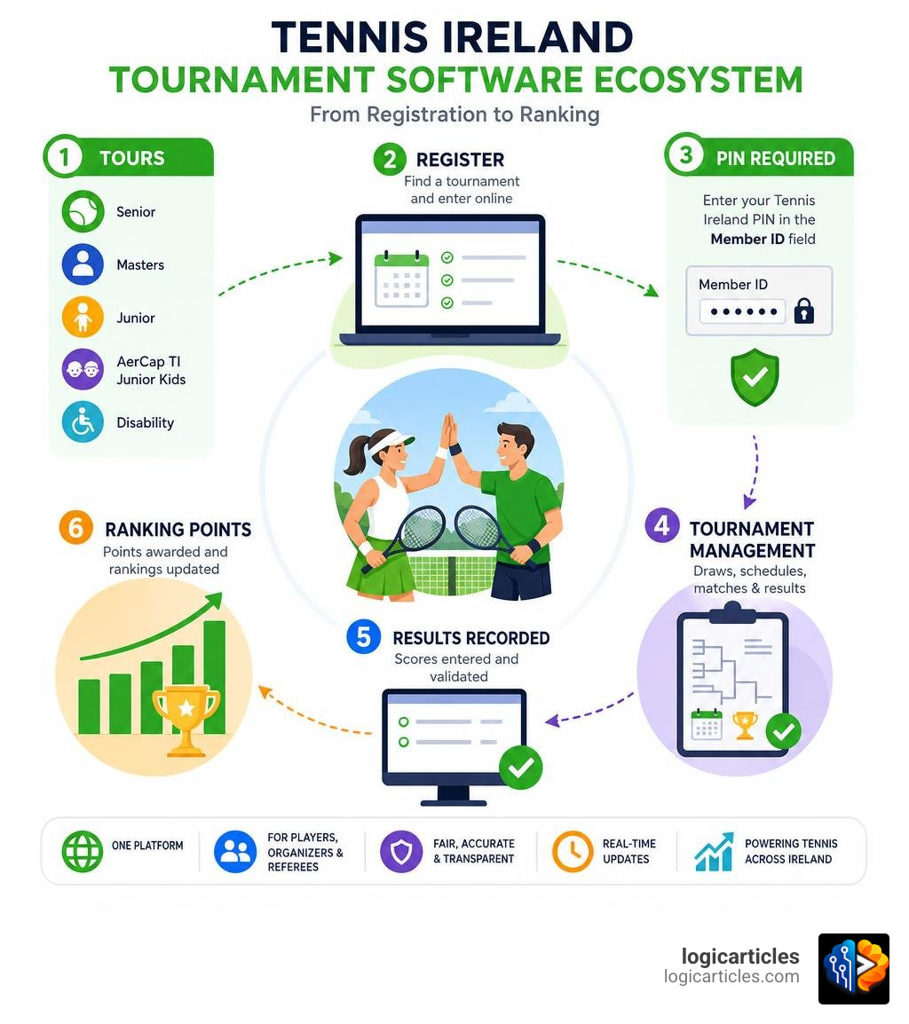 Tennis Ireland tournament software ecosystem infographic showing tours, registration, PIN, and ranking flow infographic Tennis Ireland tournament software ecosystem infographic showing tours, registration, PIN, and ranking flow infographic