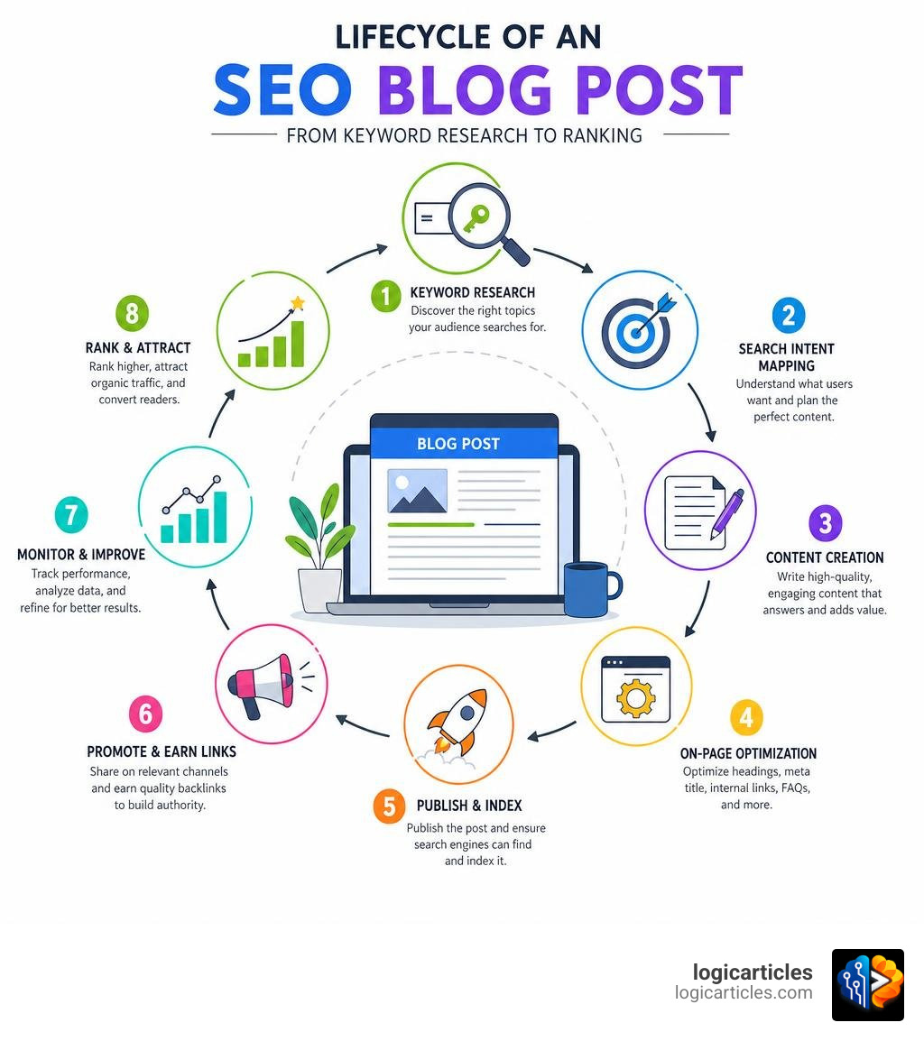 Lifecycle of an SEO blog post from keyword research to ranking infographic Lifecycle of an SEO blog post from keyword research to ranking infographic