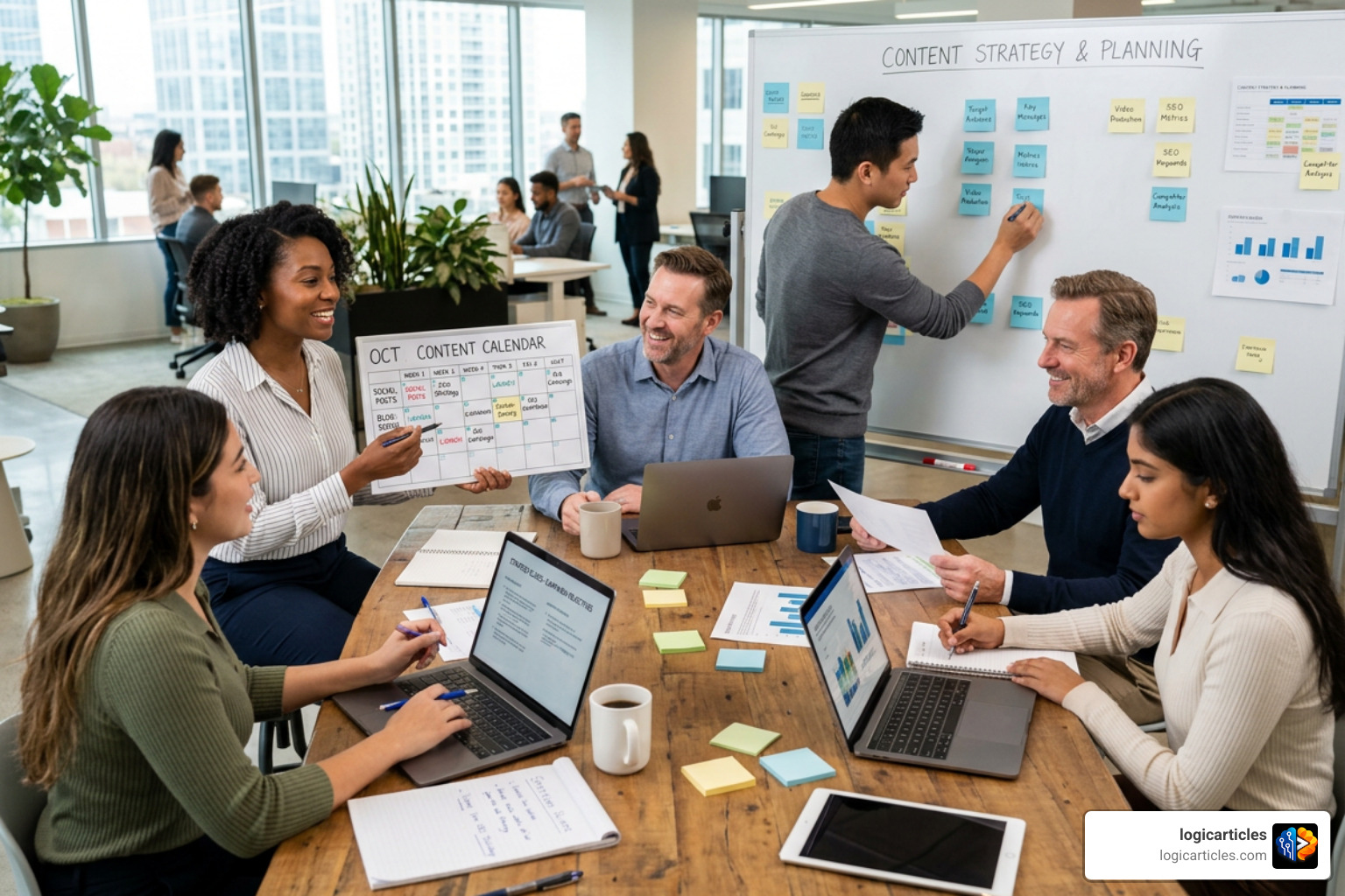 successful marketing team collaborating on content planning successful marketing team collaborating on content planning