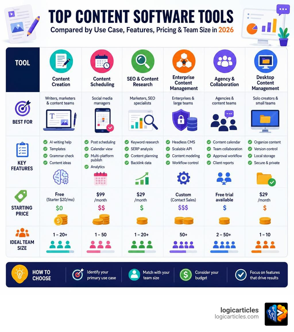 Top content software tools compared by use case, features, pricing, and team size in 2026 infographic Top content software tools compared by use case, features, pricing, and team size in 2026 infographic