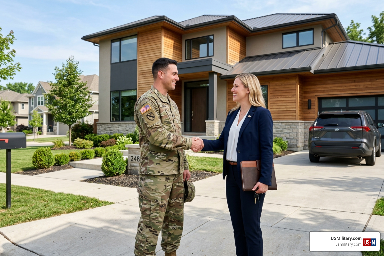 military homebuyer and real estate agent shaking hands in front of a modern house military homebuyer and real estate agent shaking hands in front of a modern house
