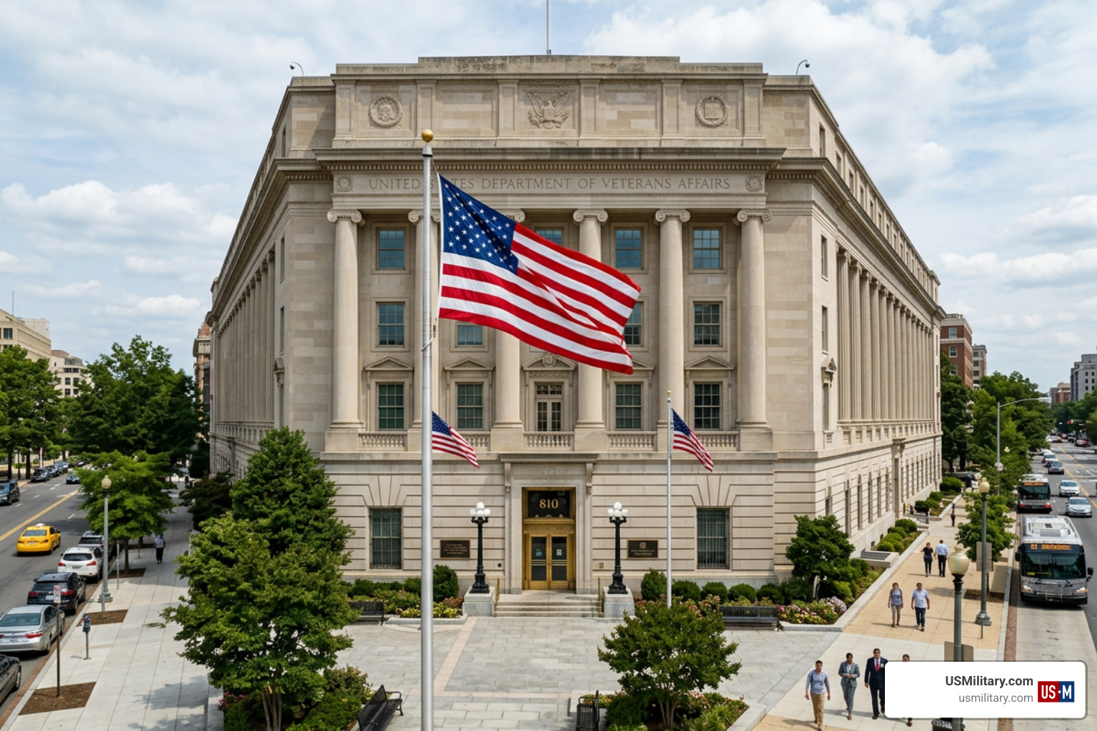 Department of Veterans Affairs headquarters building with American flag Department of Veterans Affairs headquarters building with American flag