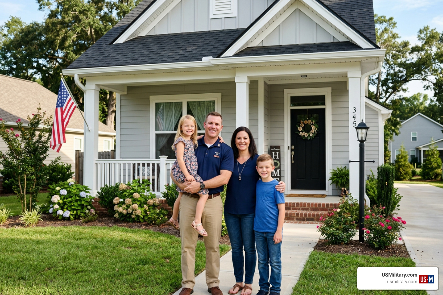 veteran family standing proudly in front of their new home veteran family standing proudly in front of their new home