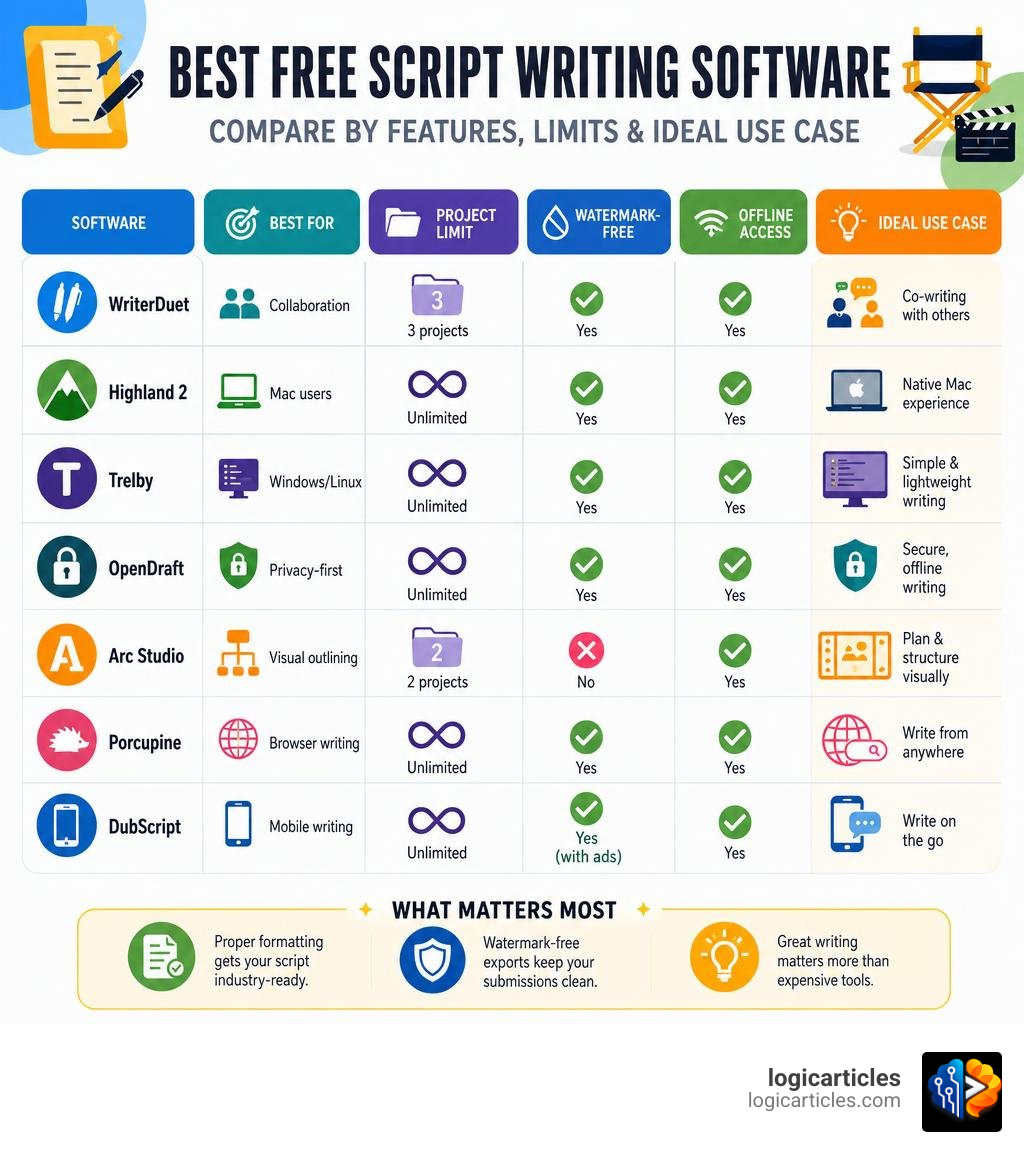 Infographic comparing best free script writing software by features, limits, and ideal use case infographic
