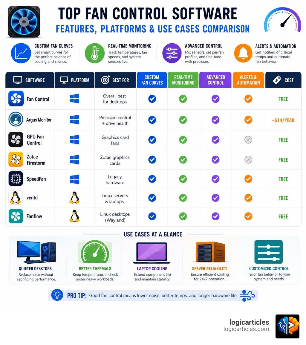 Comparison infographic of top fan control software features, platforms, and use cases infographic