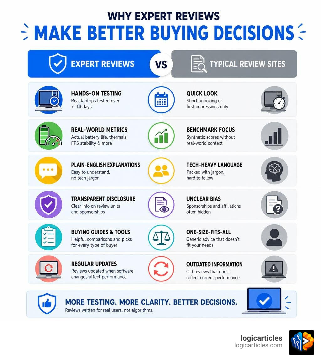infographic showing key benefits of TheLaptopAdviser expert reviews vs typical review sites infographic