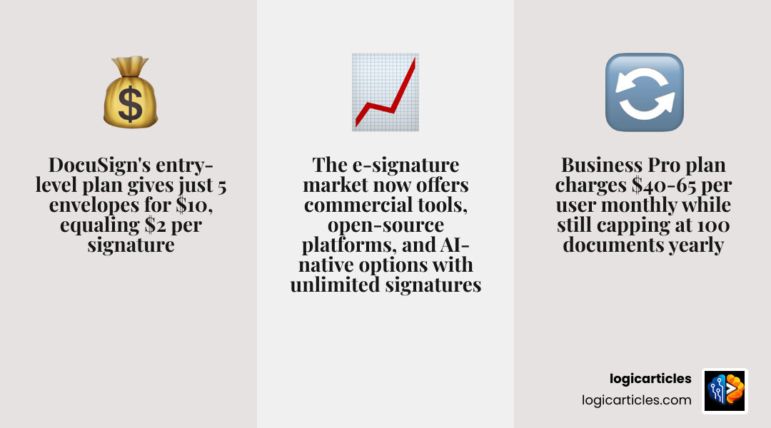 Comparison of top DocuSign alternatives by price, free tier, and key feature in 2026 infographic