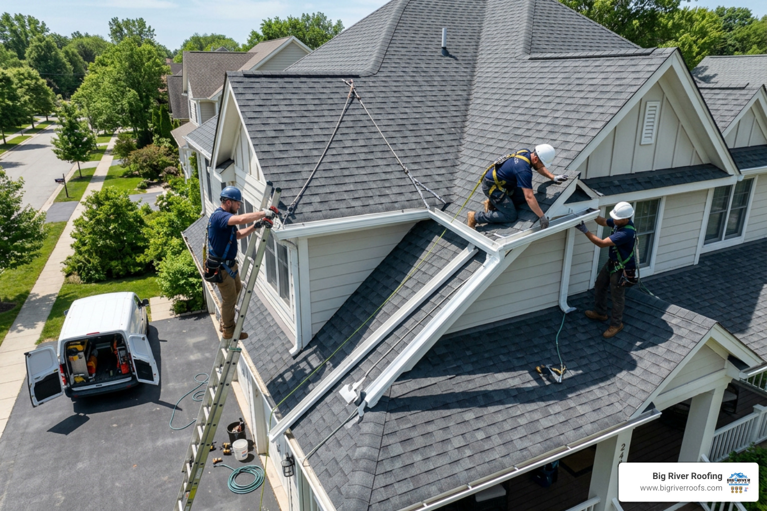 Professional gutter installation crew working on a complex roof Professional gutter installation crew working on a complex roof