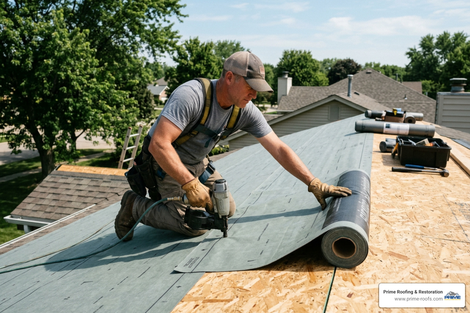 Roofing contractor laying synthetic underlayment over a clean wood deck
