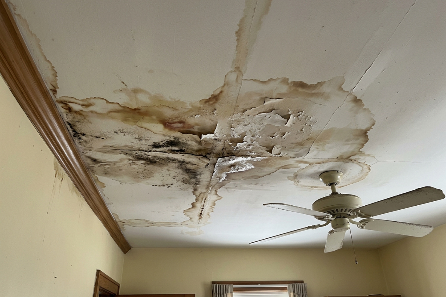Water damage and brown stains on an interior ceiling Water damage and brown stains on an interior ceiling