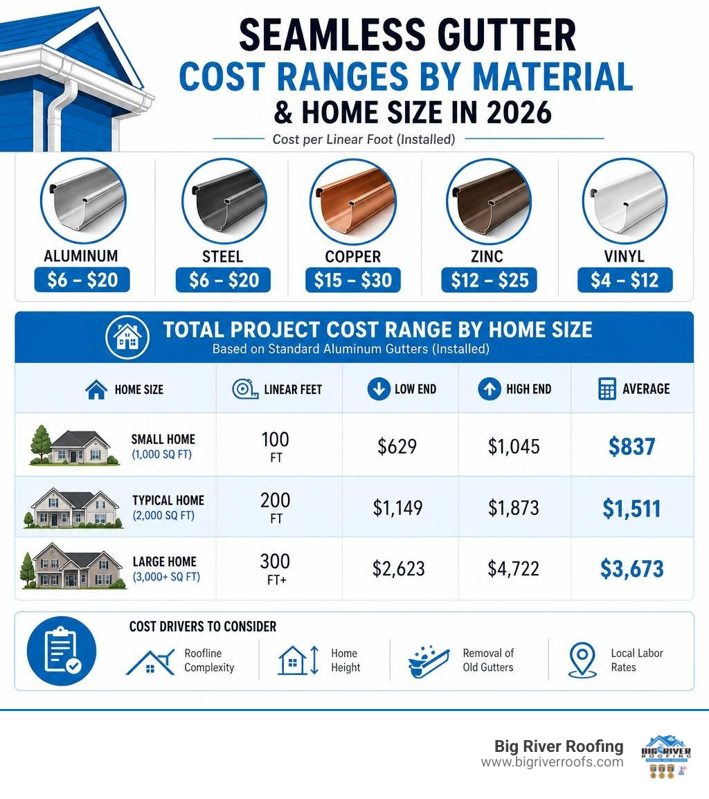 Infographic showing seamless gutter cost ranges by material type and home size in 2026 infographic Infographic showing seamless gutter cost ranges by material type and home size in 2026 infographic