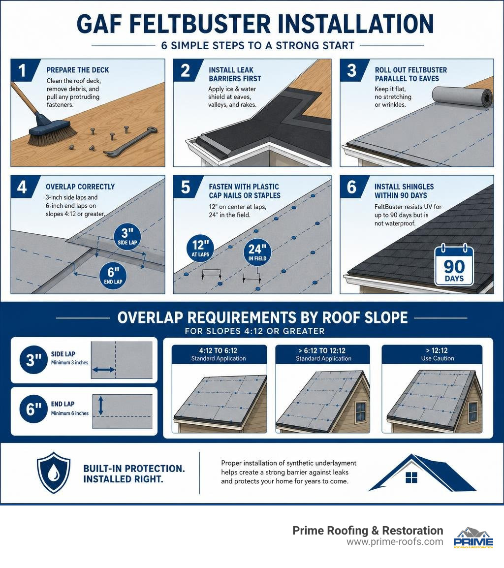 Infographic showing GAF FeltBuster installation steps and overlap requirements by roof slope infographic