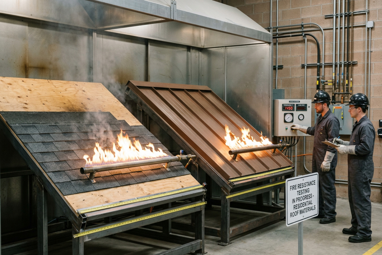 A demonstration of fire-resistant roof testing on various residential materials A demonstration of fire-resistant roof testing on various residential materials