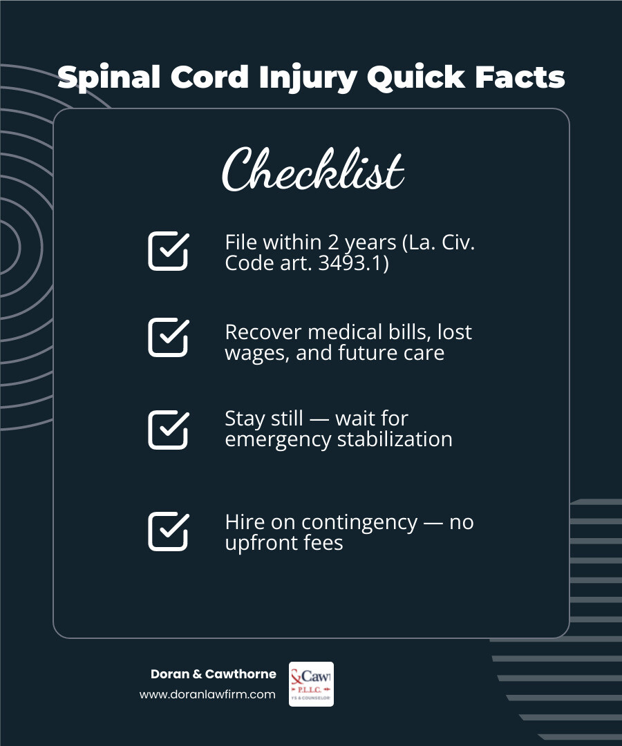 Spinal cord injury statistics infographic showing causes, demographics, and filing deadlines in Louisiana infographic Spinal cord injury statistics infographic showing causes, demographics, and filing deadlines in Louisiana infographic