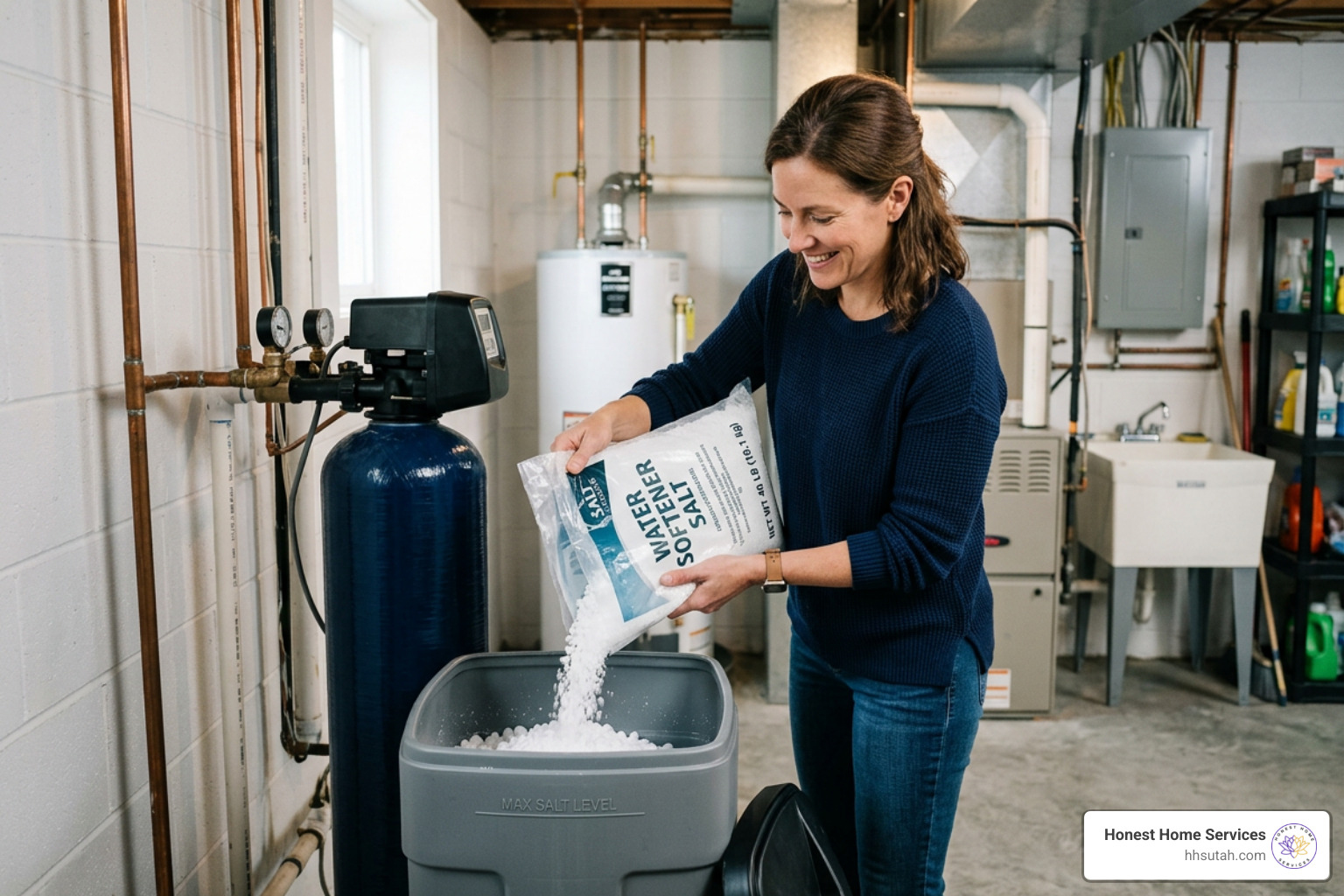 homeowner adding salt to brine tank homeowner adding salt to brine tank