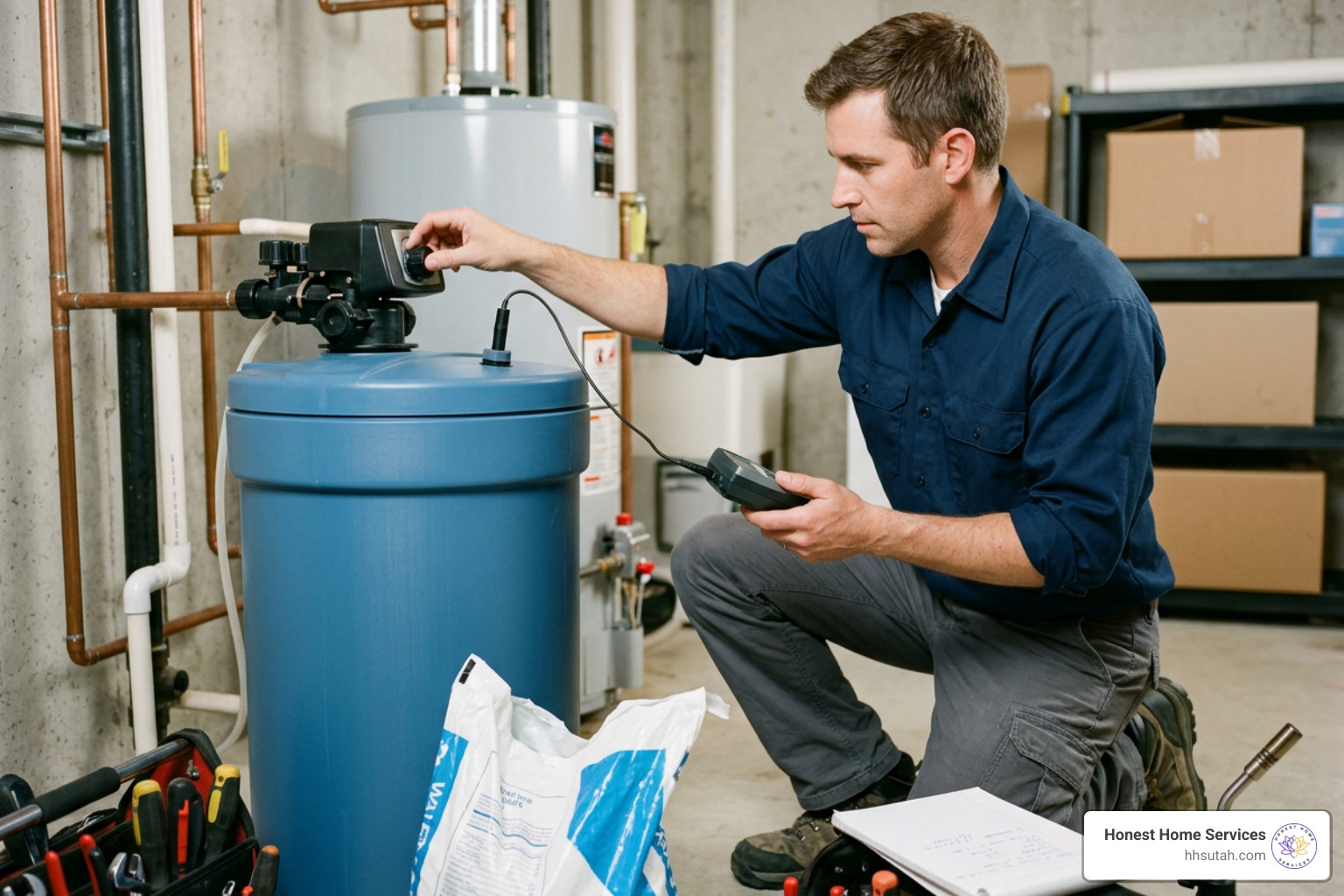 technician inspecting a water softener technician inspecting a water softener
