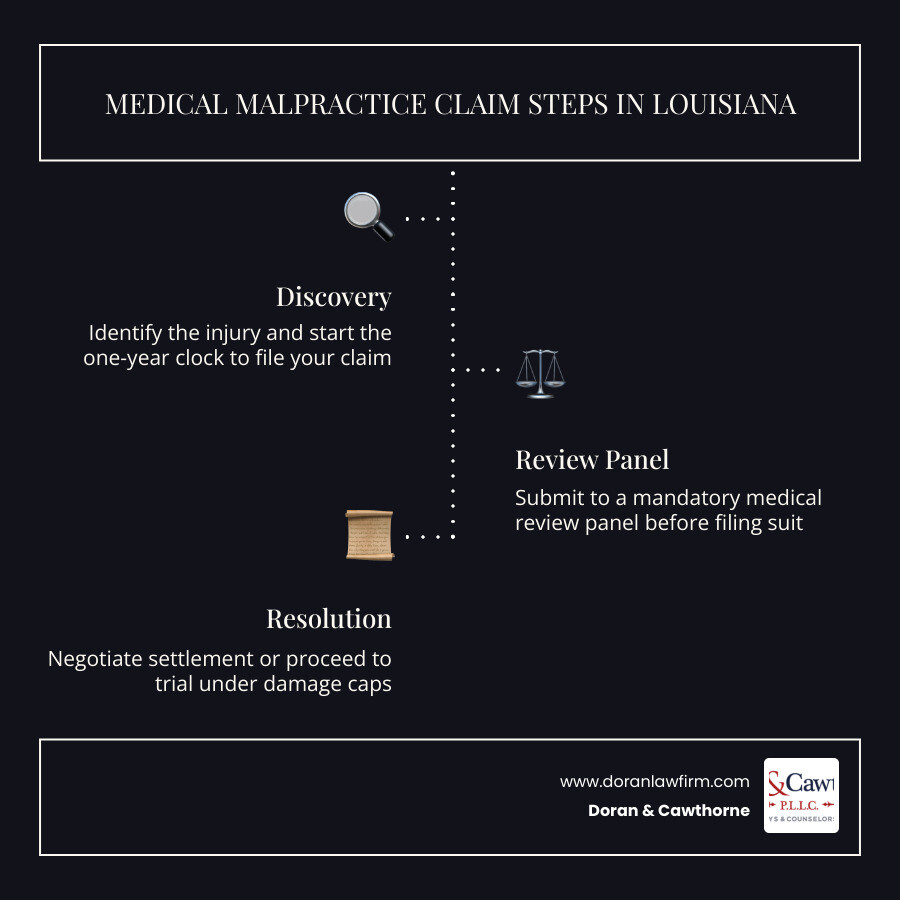 Timeline infographic showing medical malpractice claim steps from injury discovery to resolution in Louisiana infographic Timeline infographic showing medical malpractice claim steps from injury discovery to resolution in Louisiana infographic