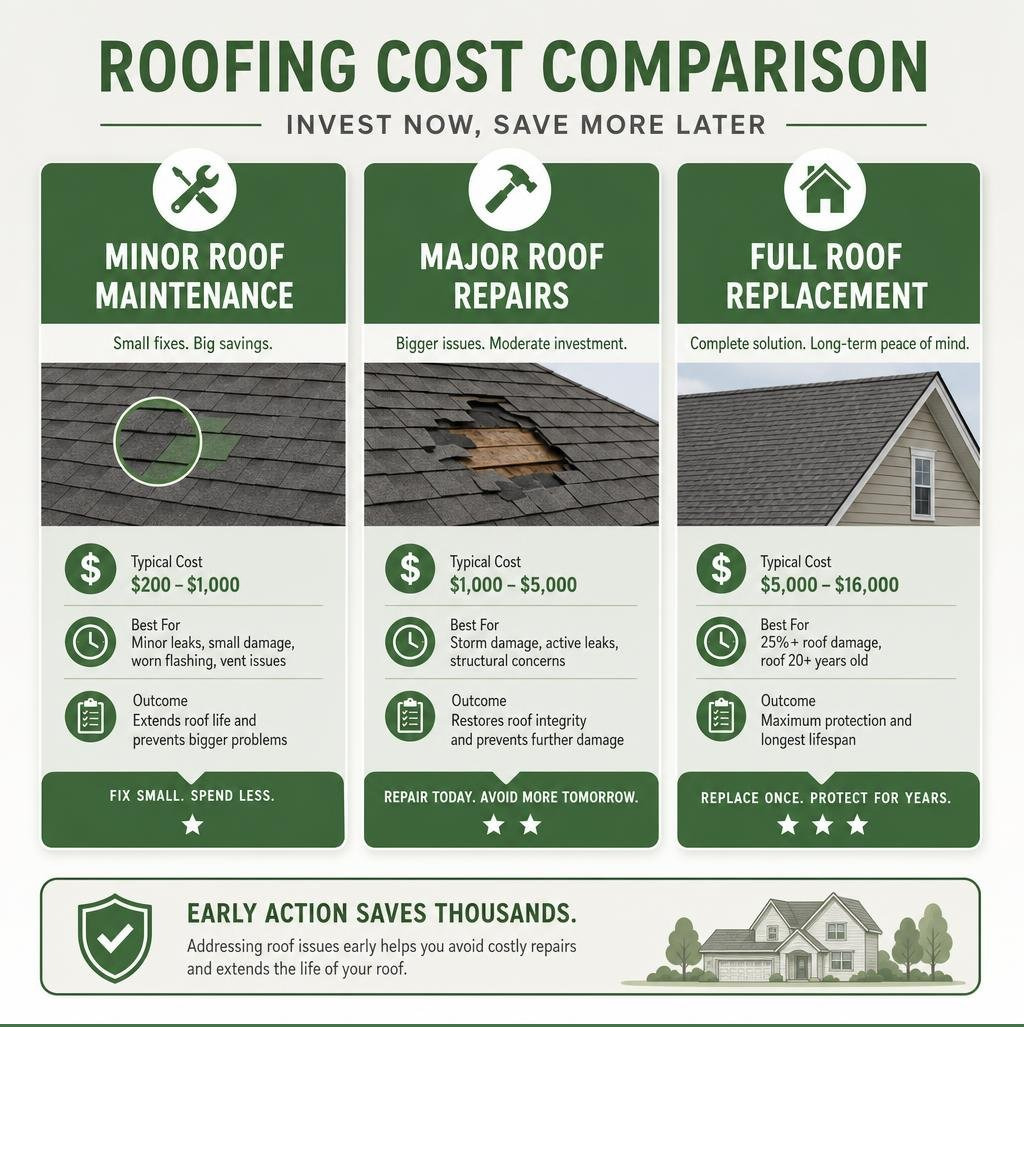 Cost comparison infographic: minor roof maintenance vs major roof repairs vs full replacement infographic