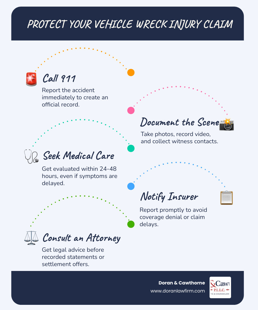 Infographic showing 7 immediate steps after a vehicle wreck injury claim in Louisiana infographic Infographic showing 7 immediate steps after a vehicle wreck injury claim in Louisiana infographic