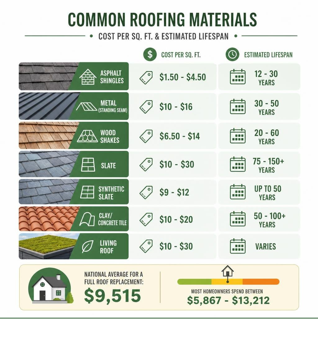 Infographic showing common roofing materials, their costs per square foot, and estimated lifespans infographic Infographic showing common roofing materials, their costs per square foot, and estimated lifespans infographic