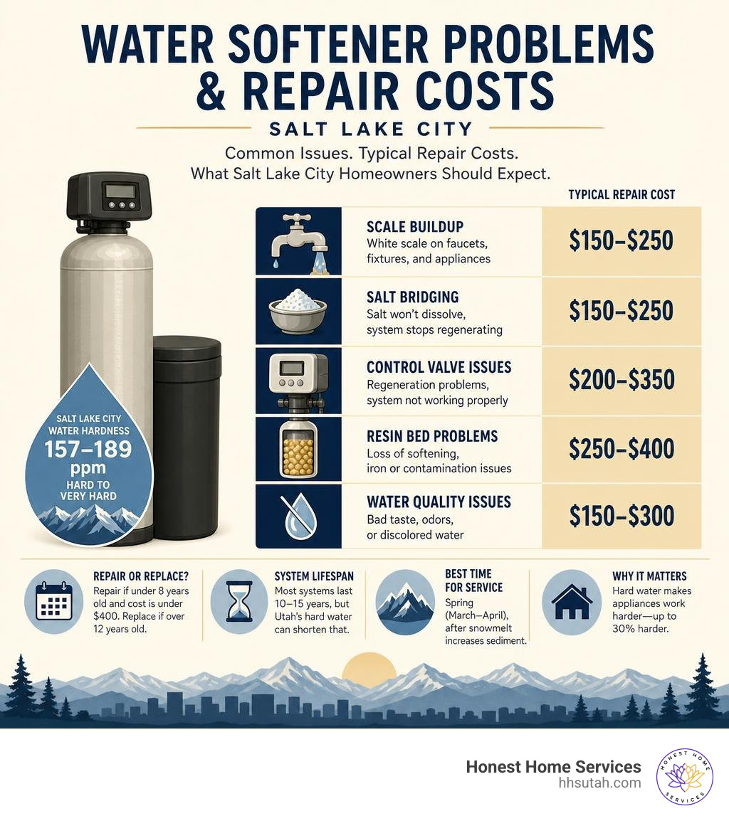 infographic showing common water softener problems and repair costs in Salt Lake City infographic infographic showing common water softener problems and repair costs in Salt Lake City infographic