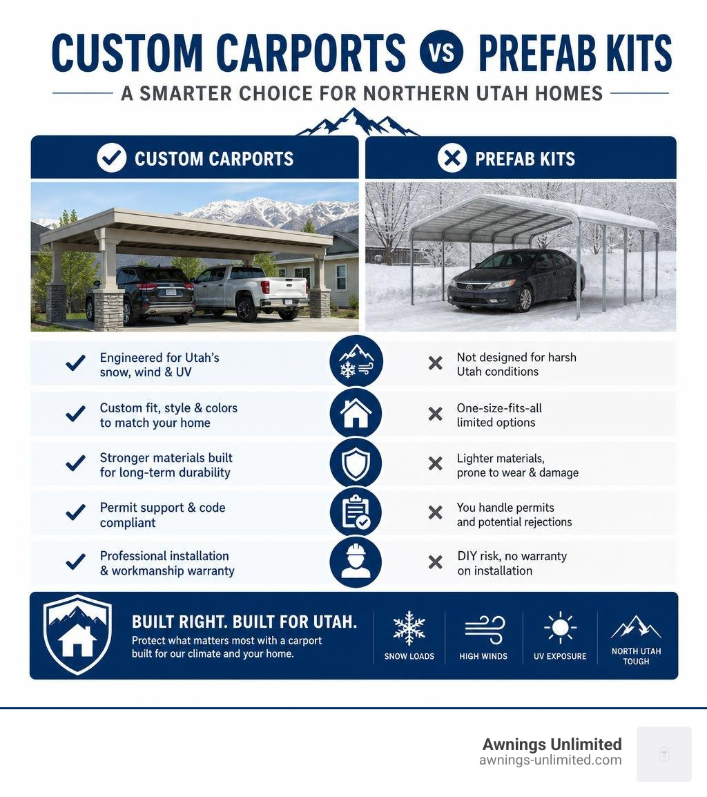 Custom carports vs prefab kits comparison infographic for Northern Utah homeowners infographic Custom carports vs prefab kits comparison infographic for Northern Utah homeowners infographic
