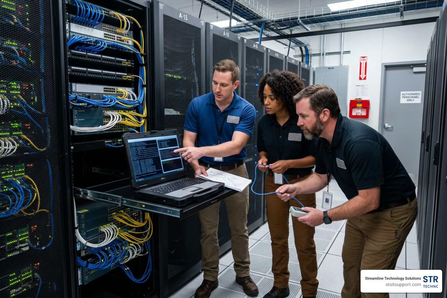 Technical engineers collaborating on a complex network issue in a server room Technical engineers collaborating on a complex network issue in a server room
