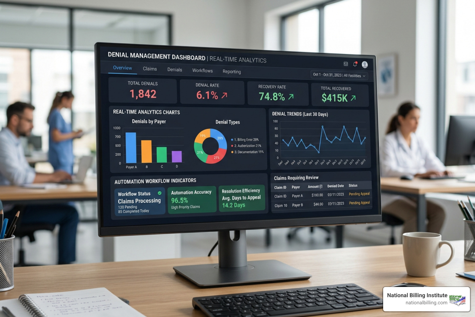 Digital dashboard showing real-time denial analytics and automation workflows