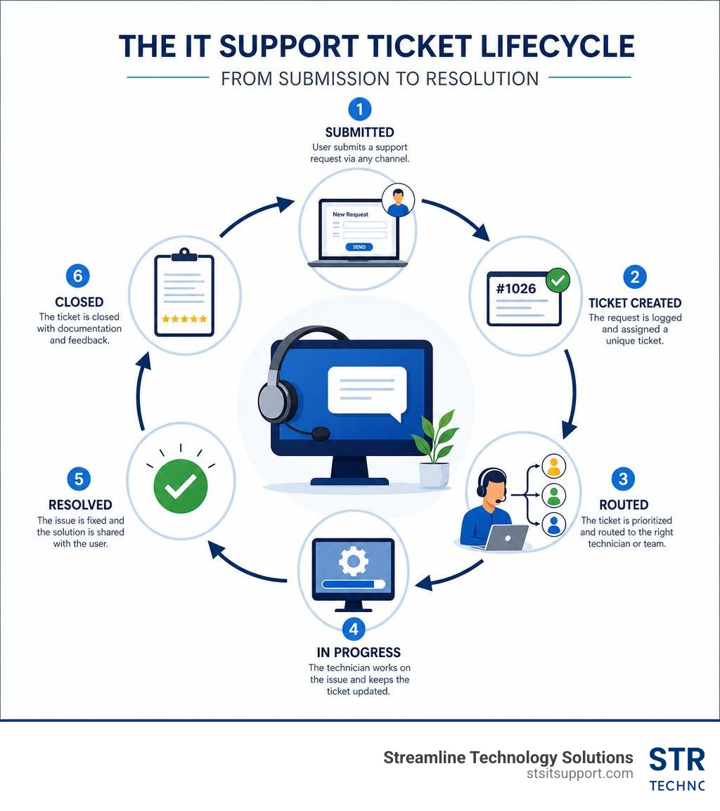 Infographic showing the lifecycle of an IT support ticket from submission to resolution infographic Infographic showing the lifecycle of an IT support ticket from submission to resolution infographic