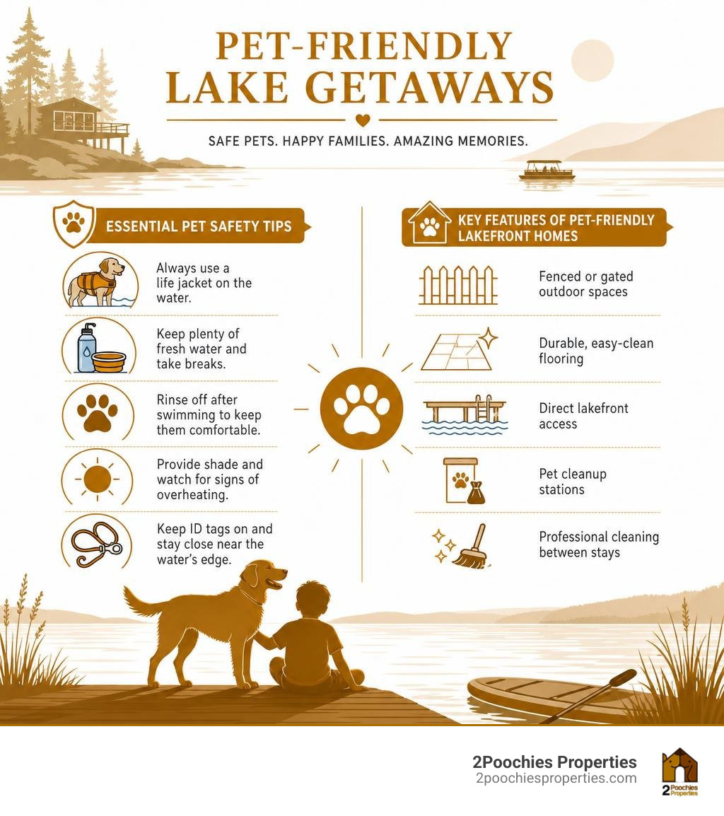 Infographic showing essential pet safety tips and key features of pet-friendly lakefront homes infographic