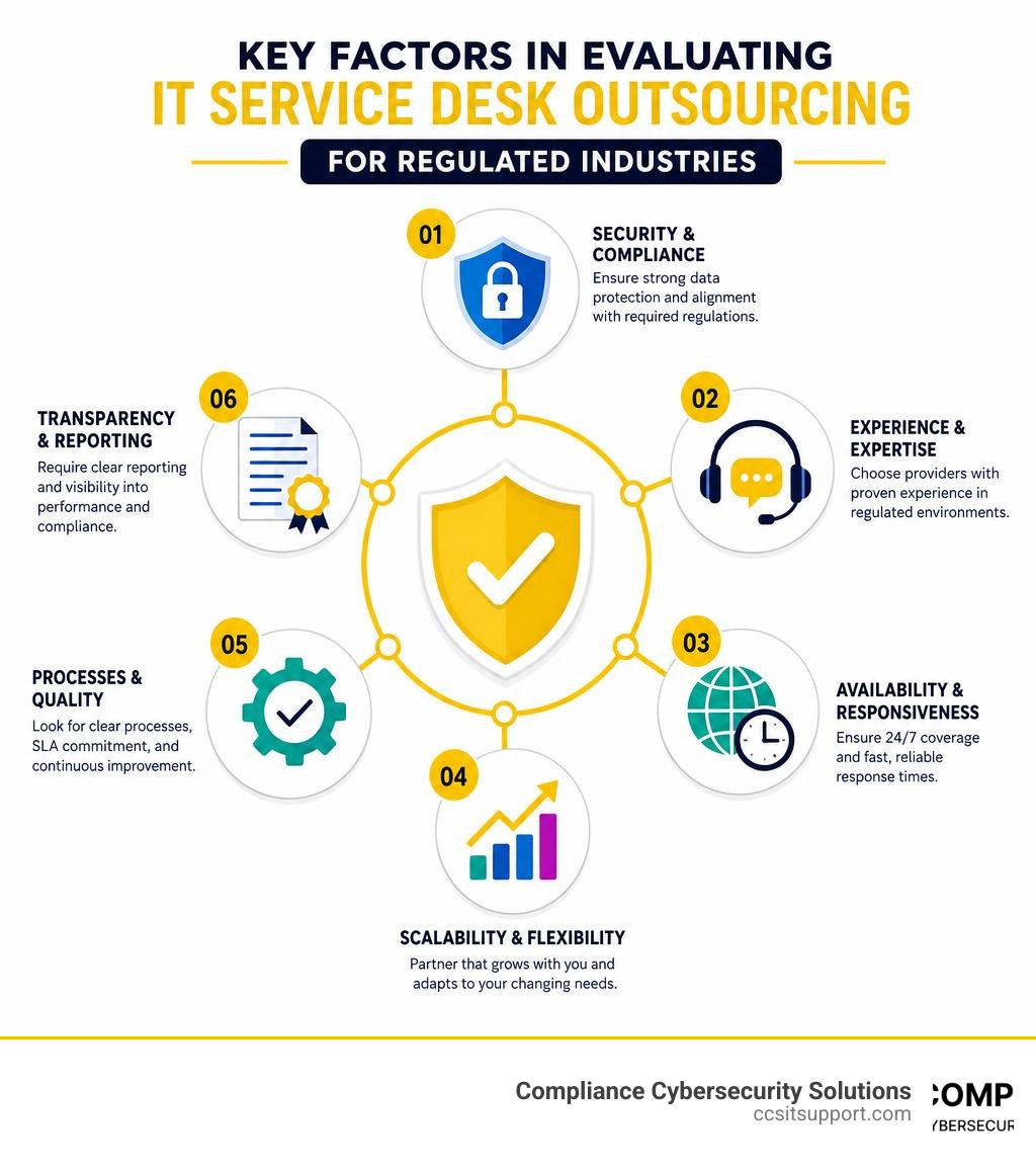 Infographic showing key factors in evaluating IT service desk outsourcing for regulated industries infographic Infographic showing key factors in evaluating IT service desk outsourcing for regulated industries infographic