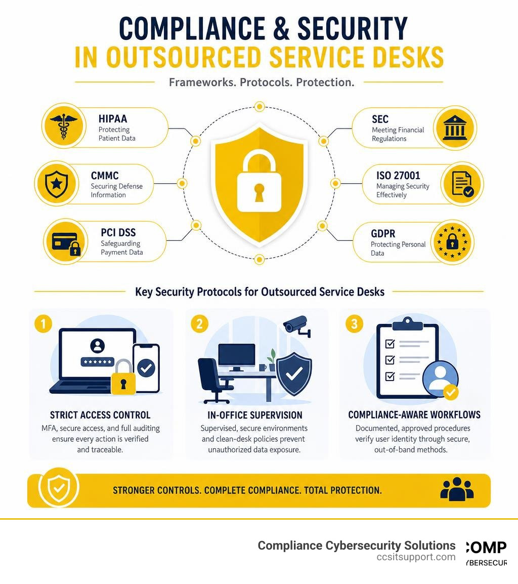 Infographic showing compliance frameworks and security protocols for outsourced service desks infographic Infographic showing compliance frameworks and security protocols for outsourced service desks infographic