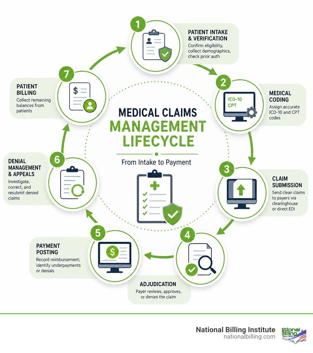 medical claims management lifecycle infographic from intake to payment infographic