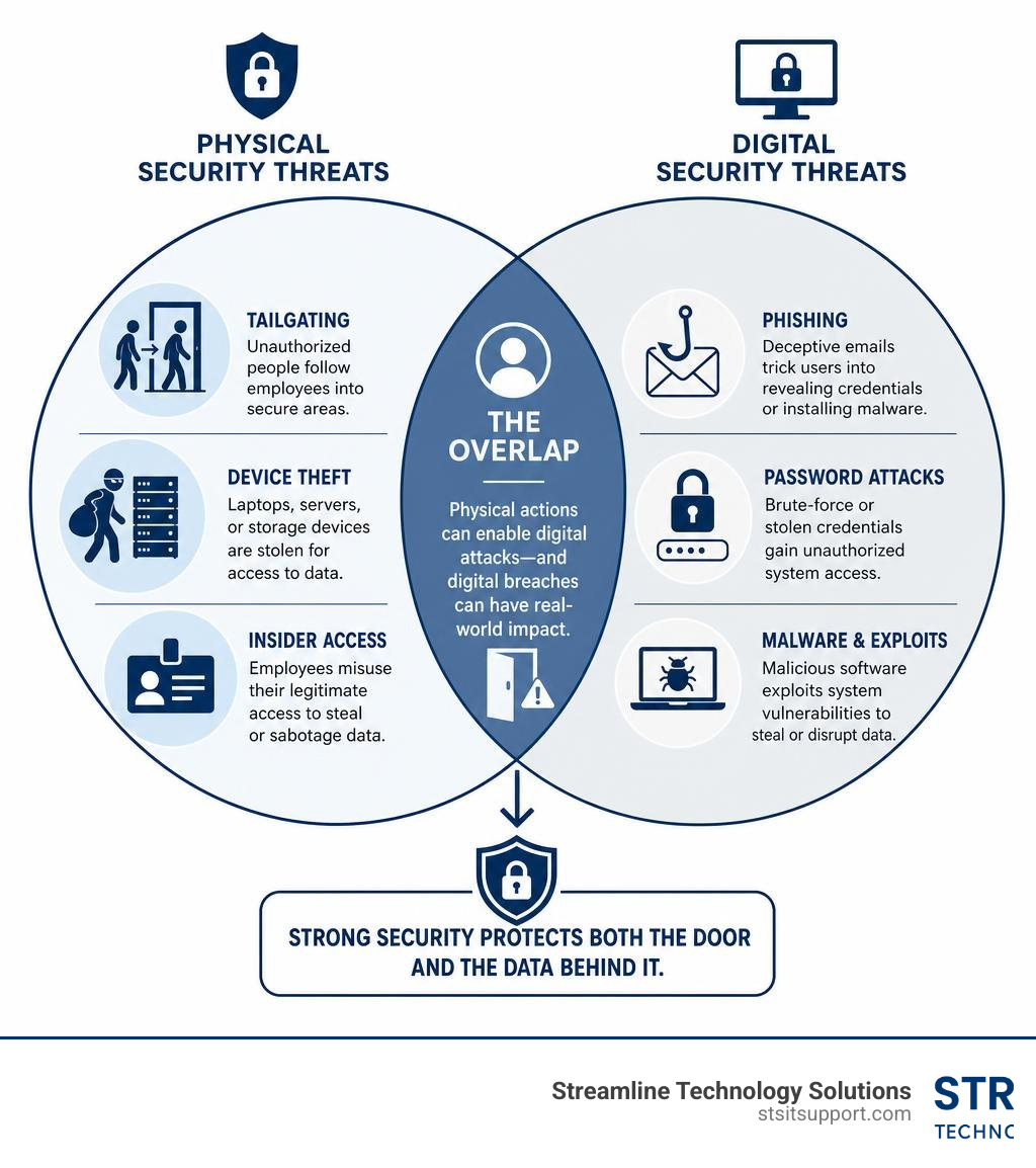 Infographic showing overlap between physical and digital security threats including tailgating, device theft, and insider Infographic showing overlap between physical and digital security threats including tailgating, device theft, and insider