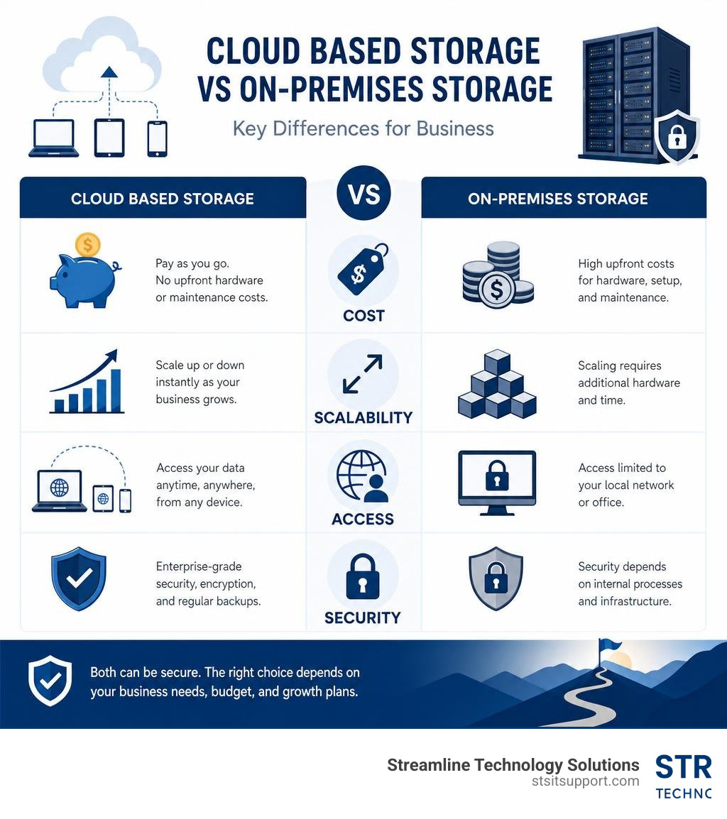 Infographic comparing cloud based storage vs on-premises storage for business: cost, scalability, access, and security Infographic comparing cloud based storage vs on-premises storage for business: cost, scalability, access, and security