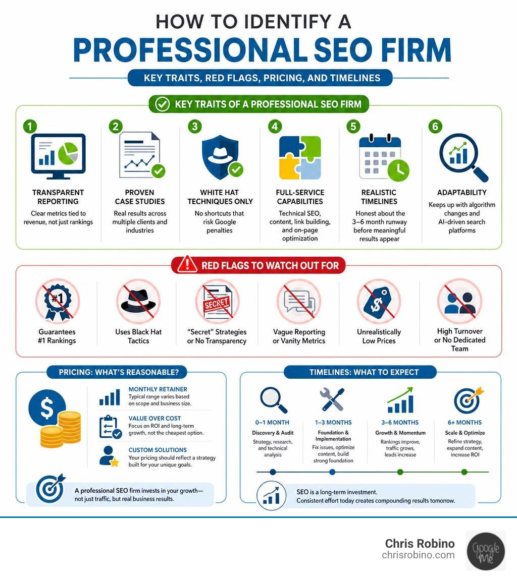 How to identify a professional SEO firm: key traits, red flags, pricing, and timelines infographic