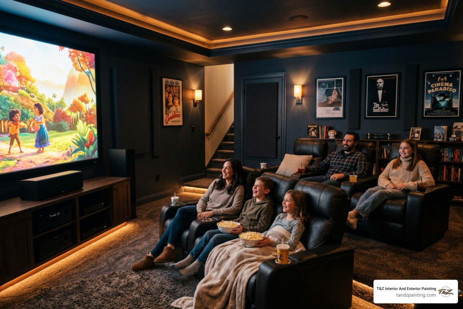 cozy basement home theater with dark walls