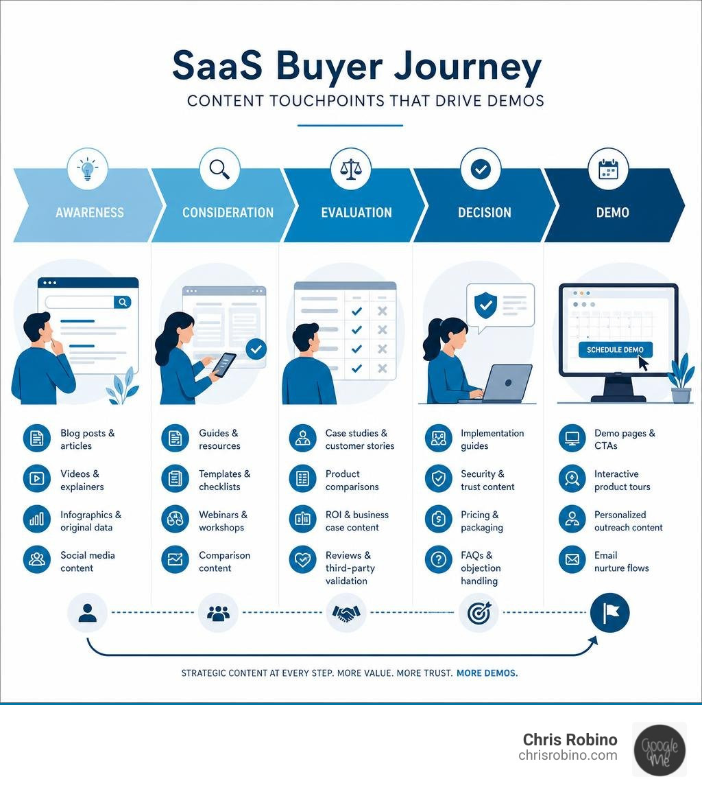 SaaS buyer journey infographic showing content touchpoints from awareness to demo infographic