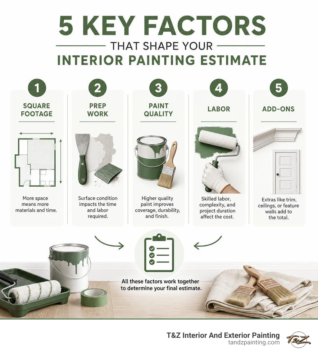 infographic showing interior painting estimate cost factors: square footage, prep work, paint quality, labor, and add-ons