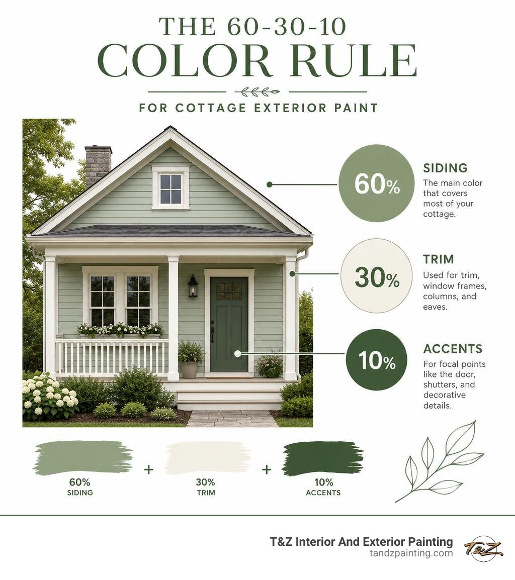 Infographic showing the 60-30-10 color rule for cottage exterior paint: 60% siding, 30% trim, 10% accents infographic Infographic showing the 60-30-10 color rule for cottage exterior paint: 60% siding, 30% trim, 10% accents infographic