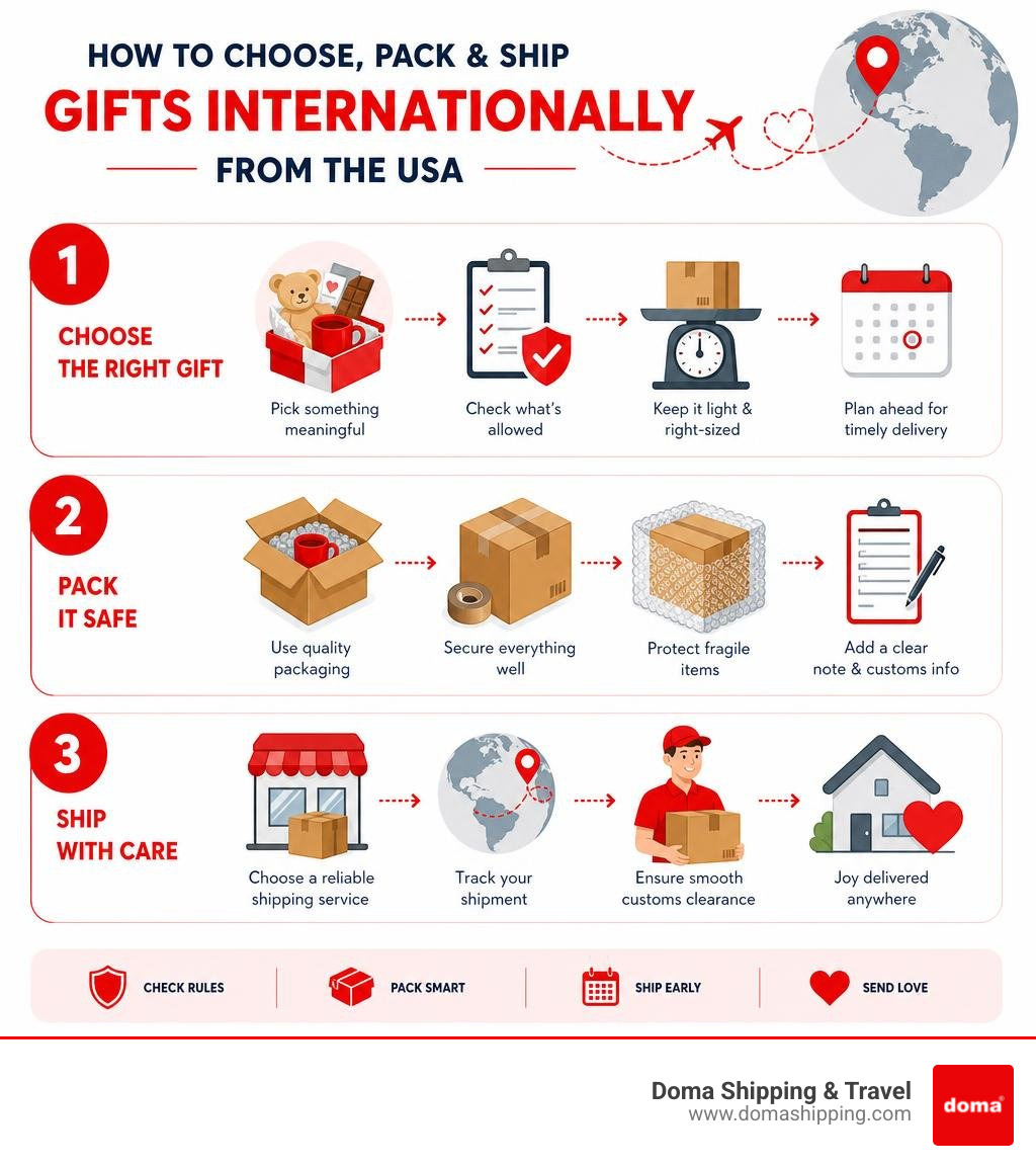 step-by-step infographic showing how to choose, pack, and ship gifts internationally from the USA infographic
