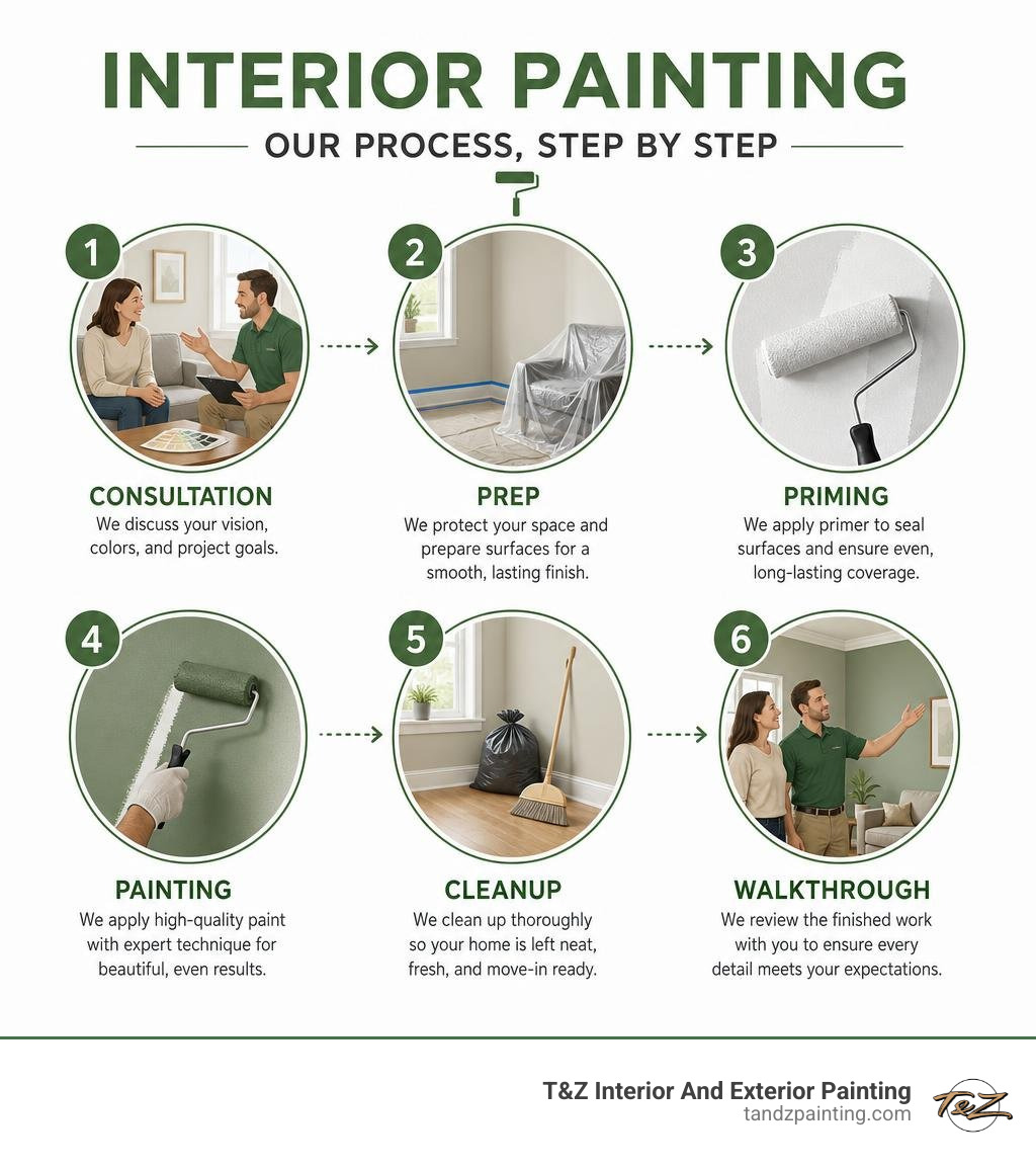 Infographic showing interior painting process steps: consultation, prep, priming, painting, cleanup, walkthrough infographic Infographic showing interior painting process steps: consultation, prep, priming, painting, cleanup, walkthrough infographic