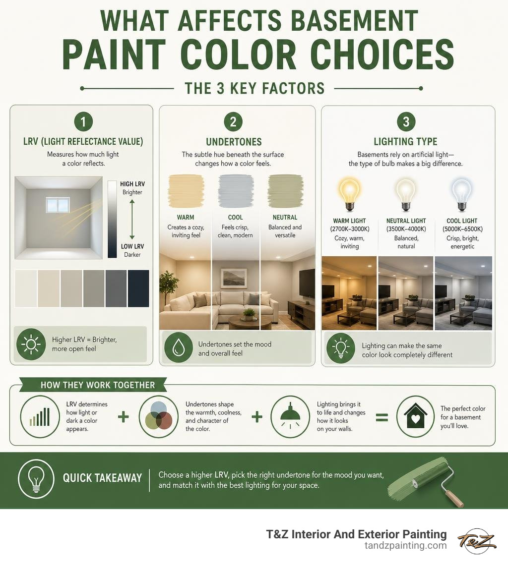 Infographic showing how LRV, undertones, and lighting type affect basement paint color choices infographic