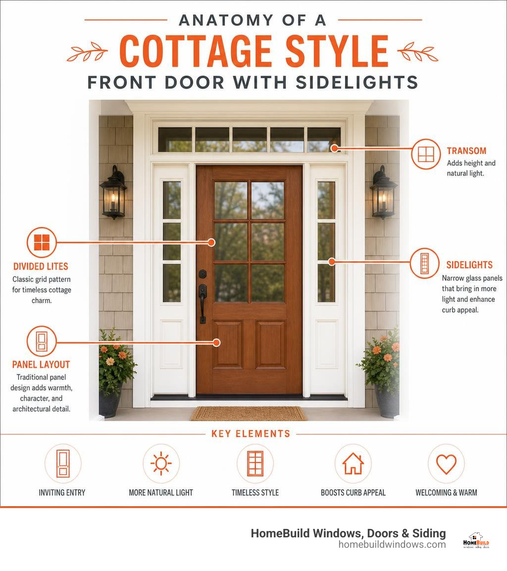 Infographic showing the anatomy of a cottage style front door with sidelights including transom, sidelights, divided lites