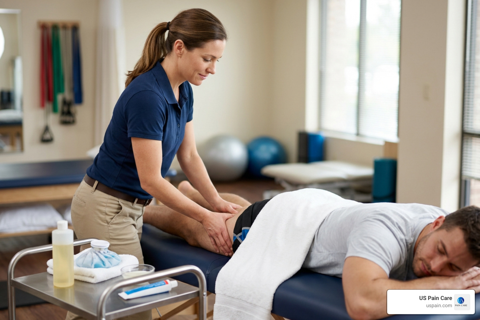 Applying compression bandage to pulled muscle