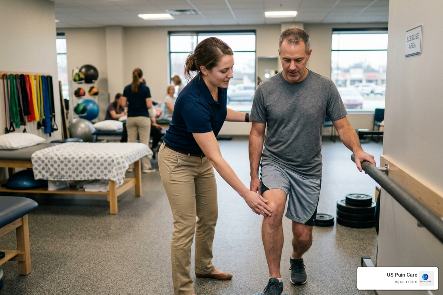 Physical therapist guiding patient through rehab exercises